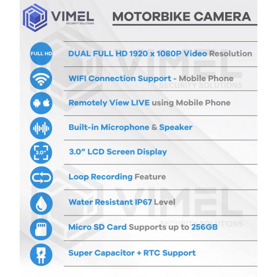 VIMEL WIFI Dual Motorbike Camera Super Capacitor
